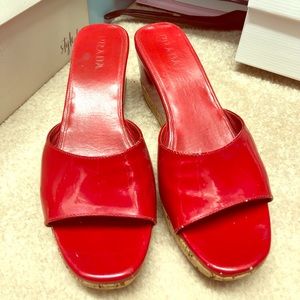 Red Prada Patent Leather Cork Wedge Slides